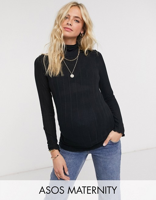 Pieces Maternity ribbed roll neck top in black