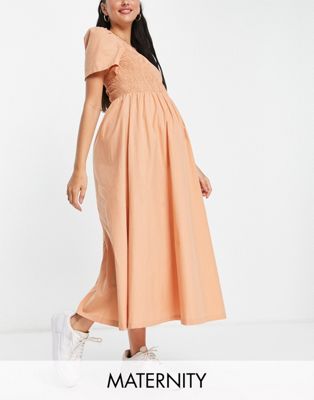 Pieces Maternity shirred maxi tea dress in sand
