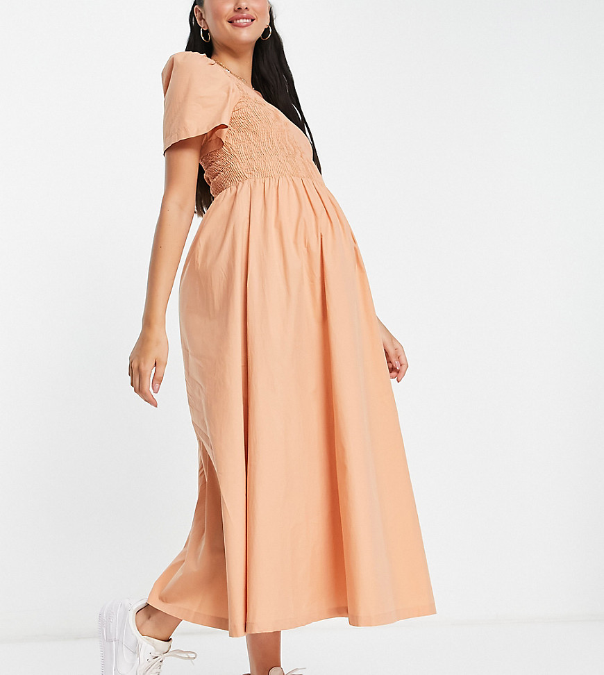 shirred maxi tea dress in sand-Orange