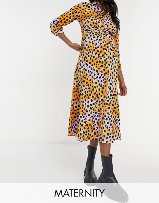 Pieces Maternity shirt midi dress with tie waist in mixed spot print