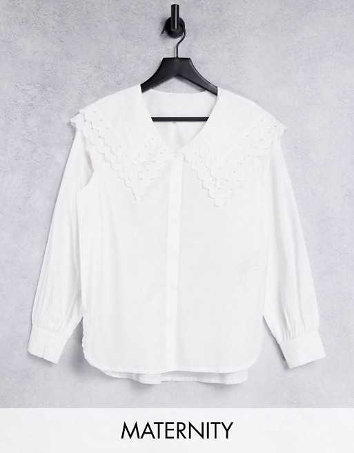Pieces Maternity oversized collar shirt in white