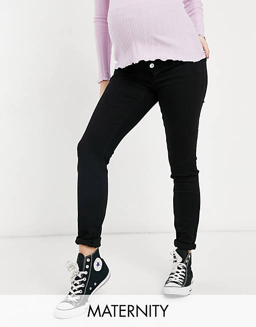 Pieces Maternity skinny jeans with bump band in black