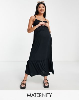 Pieces Maternity strappy tierred maxi dress in black