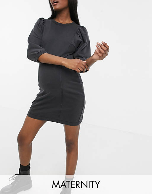 Pieces Maternity t-shirt dress with puff sleeve in washed black