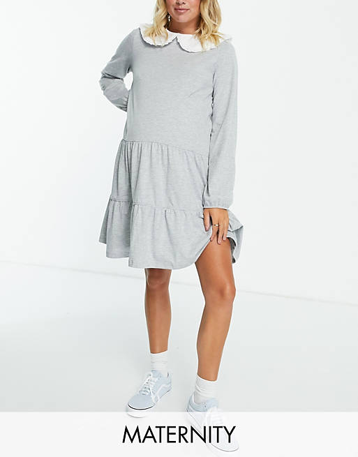 Women Pieces Maternity tiered smock dress with prairie collar in light grey 