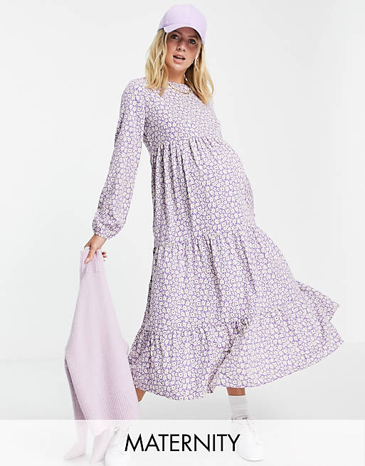Pieces Maternity tierred maxi smock dress in lilac ditsy floral