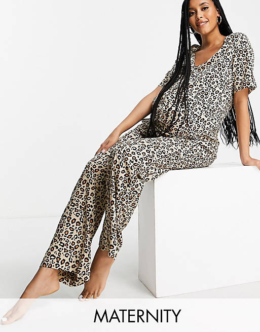 Pieces Maternity v neck pyjama set in leopard print