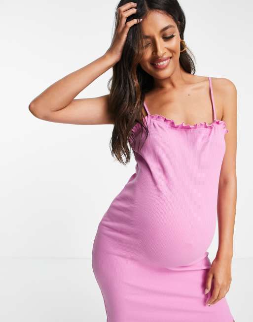 Pieces Maternity - Vestito a fascia con spalline sottili rosa con volant sullo scollo, 4 di 4
