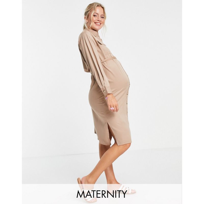 Donna U6w0S Pieces Maternity - Vestito camicia beige allacciato in vita