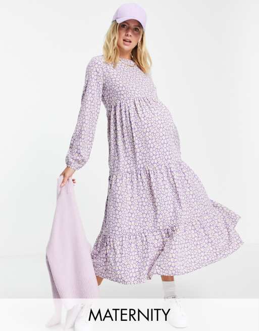 Pieces Maternity - Vestito lungo grembiule a fasce lilla a fiori