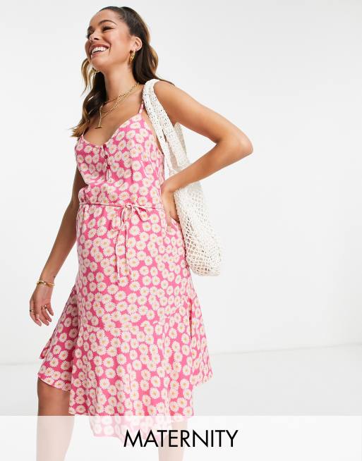 Pieces Maternity - Vestito sottoveste corto con bottoni sul davanti e motivo con margherite, colore rosa