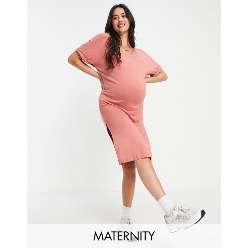 Vestiti 6s675 Pieces Maternity - Vestito T-Shirt midi con scollo a V rosa