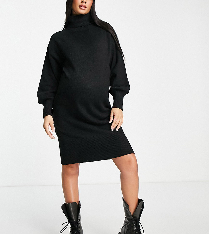 Pieces Maternity volume sleeve high neck sweater dress in black