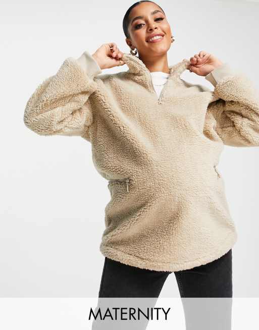 Zip Front Teddy Pullover, Beige