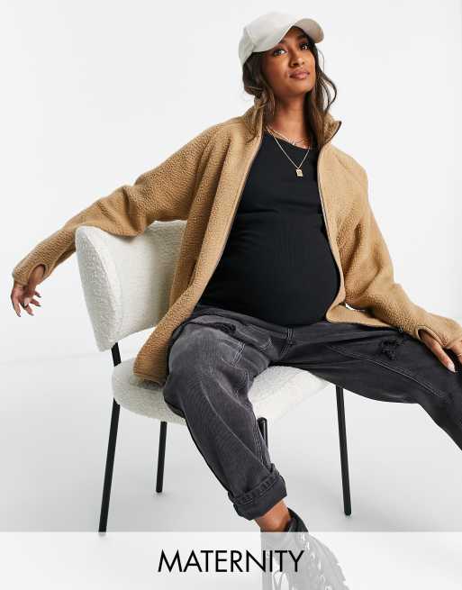 Pieces Maternity zip up fleece jacket in camel