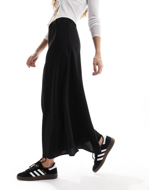 Pieces matte satin midi skirt in black