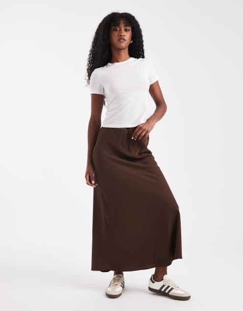 Pieces matte satin midi skirt in chocolate brown - view 1