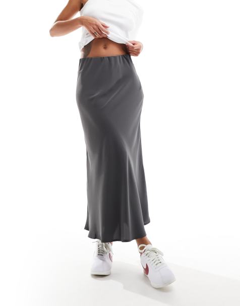 Pieces matte satin midi skirt in grey - view 1