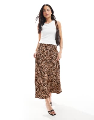 matte satin midi skirt in leopard print-Multi