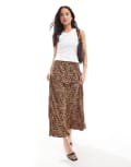 [Pieces] Pieces matte satin midi skirt in leopard print-Multi M Black leo
