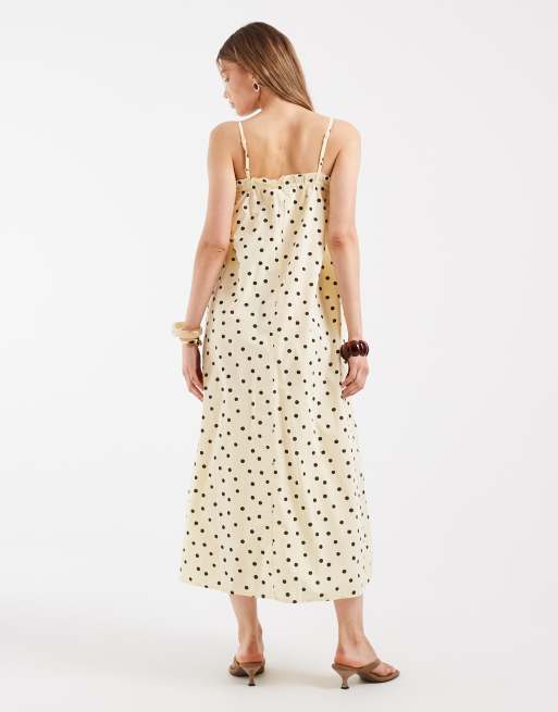 Pieces - Maxi cami-jurk van katoen met stippenprint in geel en bruin, 4 van 4