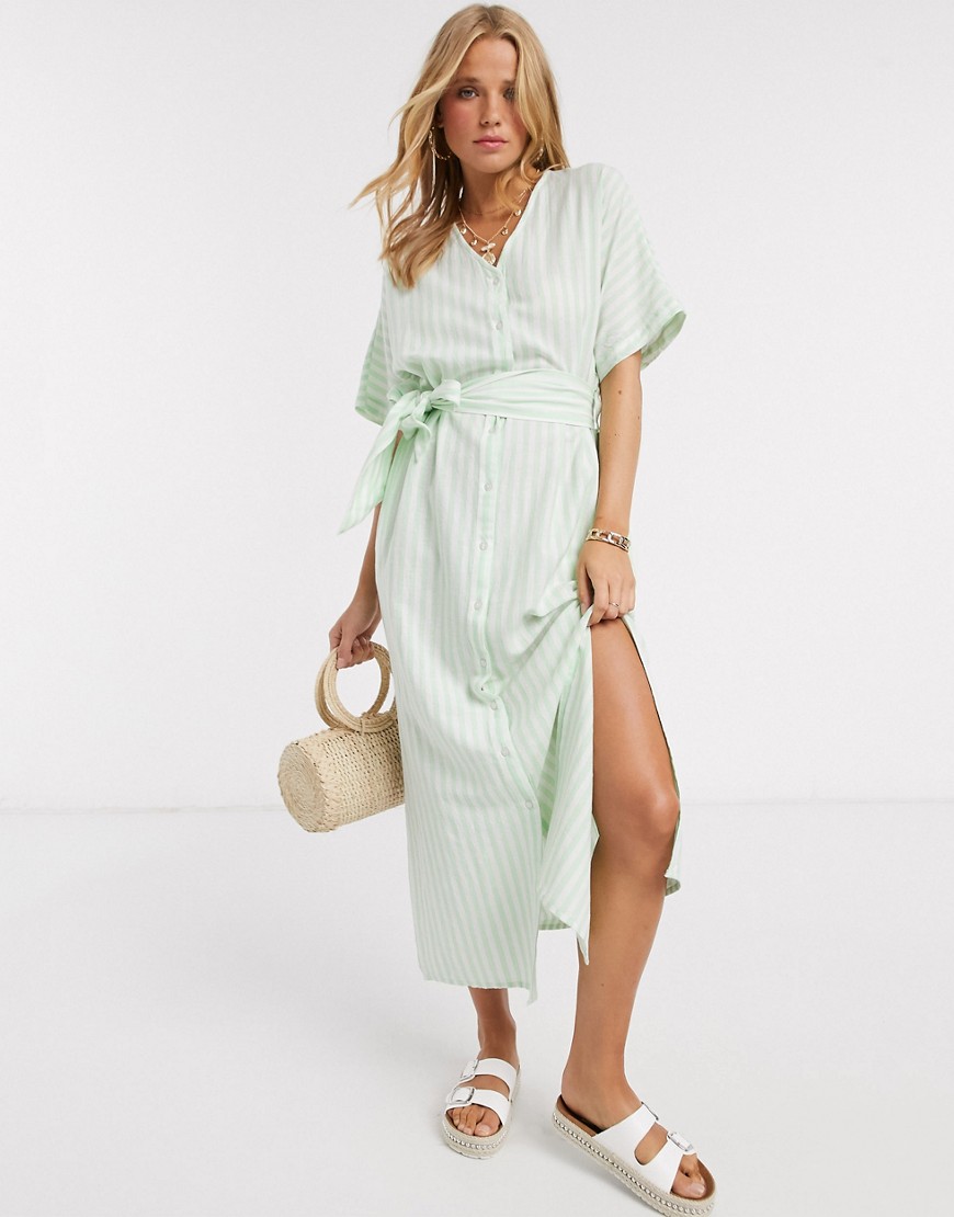 Pieces maxi dress with side split and tie waist in green stripe