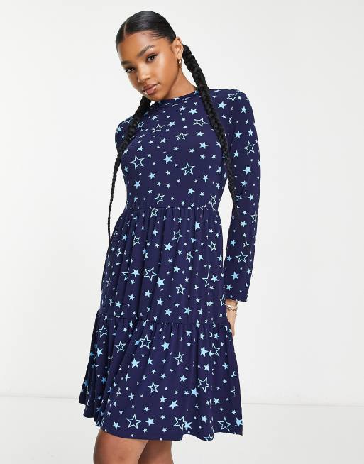 Pieces Maxi jurk met lange mouwen in marineblauwe print