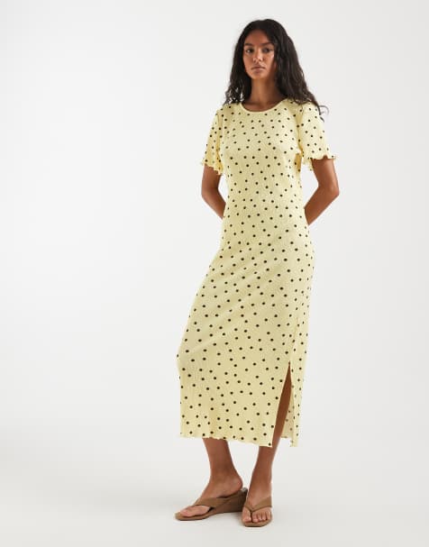 Pieces - Maxi jurk van getextureerde jersey met stippenprint in geel en bruin - view 1