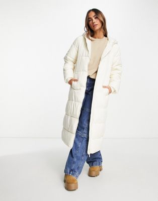 Pieces maxi padded coat with hood in cream