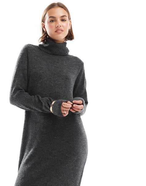 Pieces – Maxi-Pulloverkleid in Dunkelgrau meliert mit Rollkragen - view 1