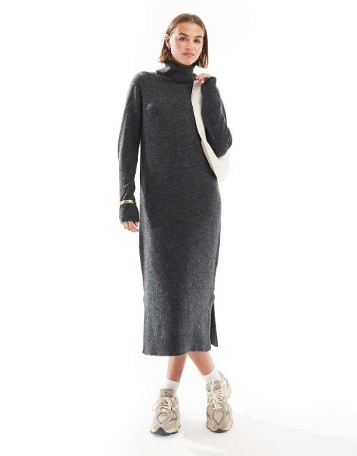 Pieces – Maxi-Pulloverkleid in Dunkelgrau meliert mit Rollkragen, 2 von 4