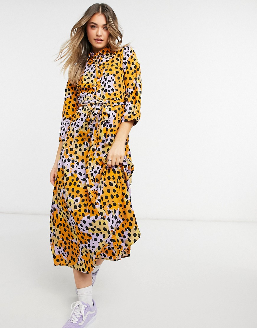 Pieces maxi shirt dress with tie waist in yellow spot print-Multi