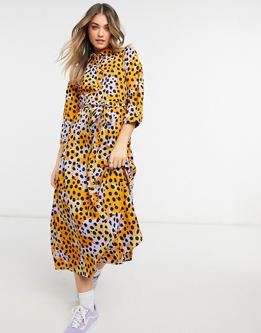 Pieces maxi shirt dress with tie waist in yellow spot print