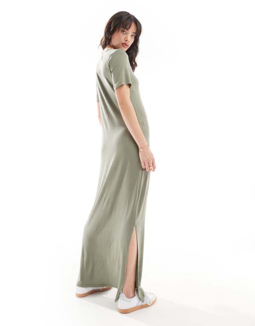 Pieces - Maxi T-shirtjurk in kaki, 2 van 4