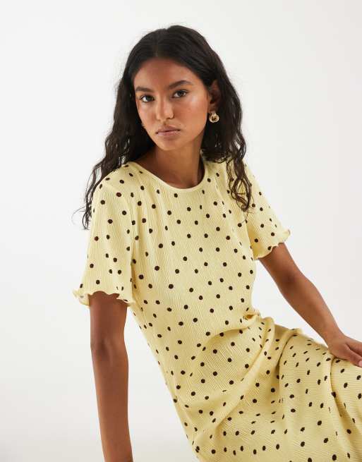 Pieces – Maxikleid aus strukturiertem Jersey in Gelb mit braunen Polka Dots, 2 von 4