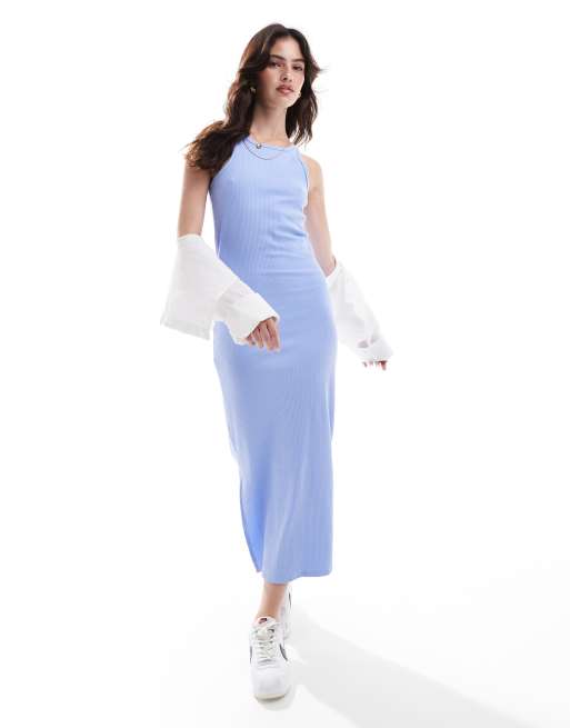 Pieces – Maxikleid in Blau mit Racer-Ausschnitt