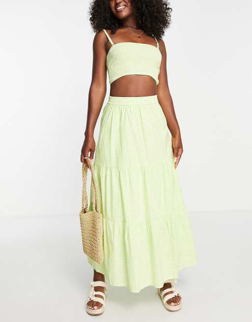 Pieces - Maxirok met stroken en gingham ruit in groen, deel van co-ord set