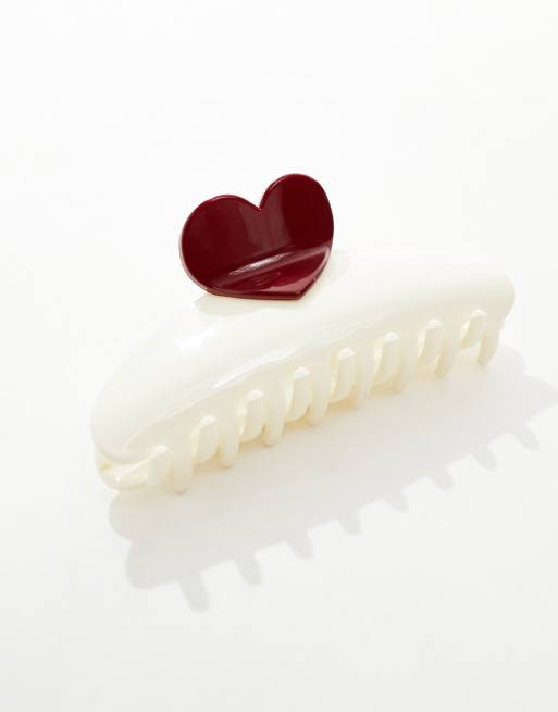 Pieces medium heart hair claw in cream and red, 3 of 4