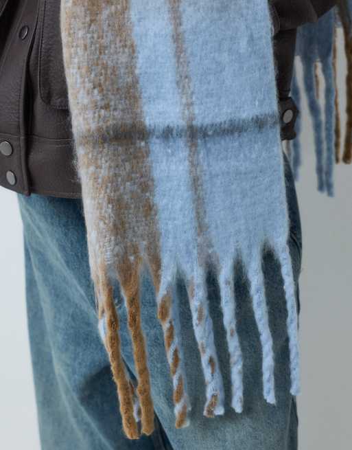 Pieces  medium super soft tassel scarf in blue and brown check, 4 of 5