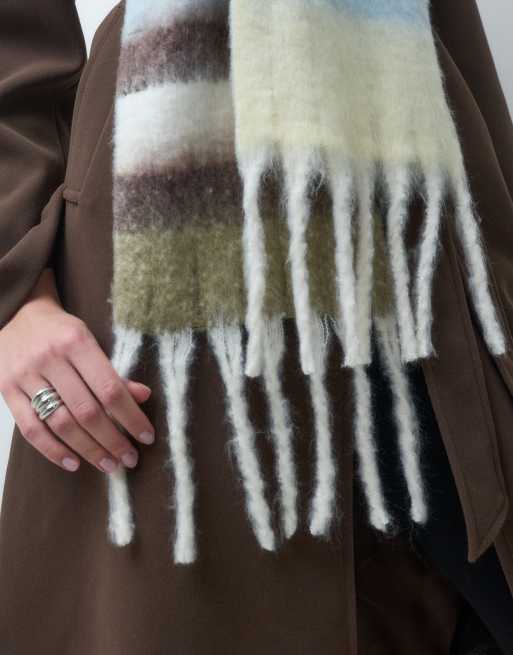 Pieces medium super soft tassel scarf in brown and pastel stripe, 2 of 3