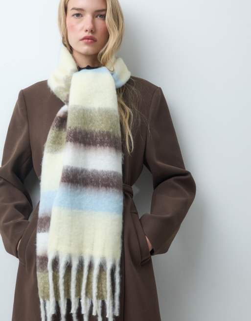 Pieces medium super soft tassel scarf in brown and pastel stripe, 3 of 3