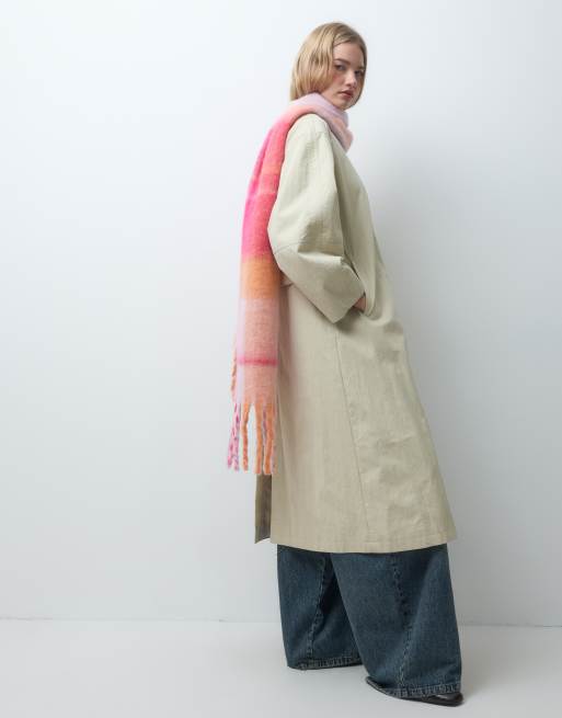 Pieces  medium super soft tassel scarf in pink and orange check, 2 of 3