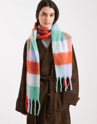 Pieces medium super soft tassle scarf in bright contrast check | ASOS