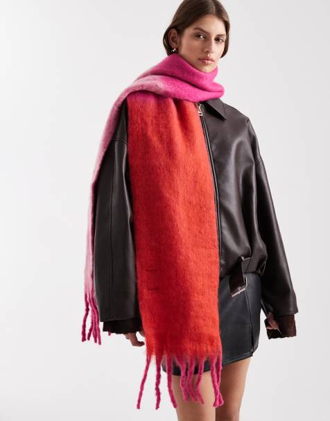 Pieces medium super soft tassle scarf in pink and red colour block - view 1