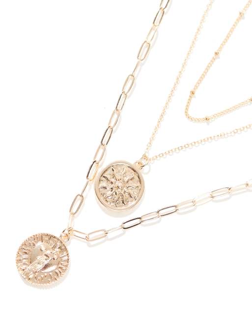Pieces – Mehrreihige Halskette in Gold mit Münz-Anhängerdetail