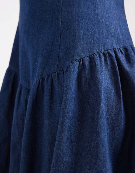 Pieces – Mellanblå miniklänning i denim med sänkt midja och ballongfåll, 3 av 4