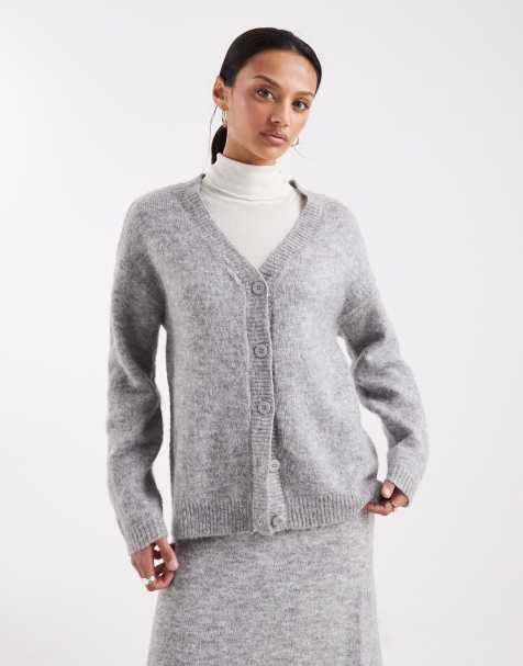 Pieces – Mellangrå, melerad, fluffigt stickad kofta med slouchy stil och v-ringning, del av set - view 1