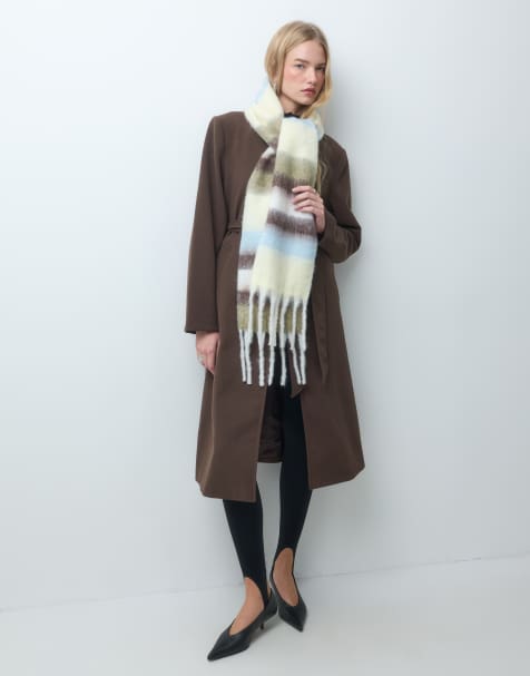 Pieces mellanstor mjuk scarf med fransar i brun- och pastellrandigt - view 1