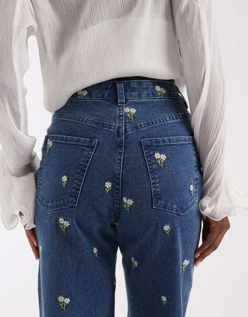 PIECES - Mellemblå jeans med lige ben og blomsterbroderier, 4 af 5