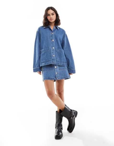 Pieces - Mellemblåt sæt med skjortejakke og mininederdel i denim i utitily-stil - view 1